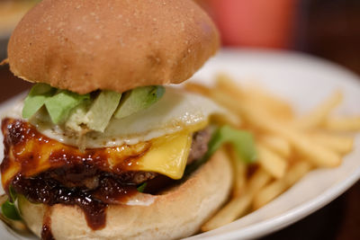 Close-up of burger with french fries in plate