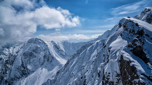 Panoramic view of snowcapped mountains against sky