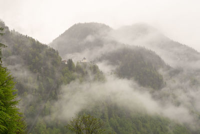 Scenic view of trees and mountains against sky