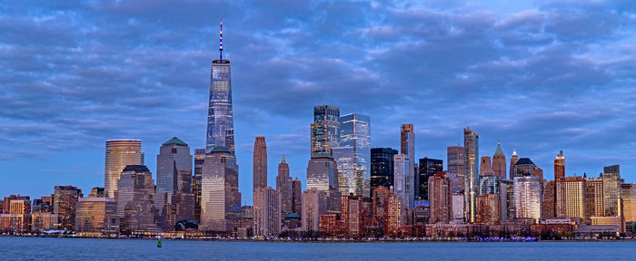 Panoramic skyline of lower manhattan at dusk