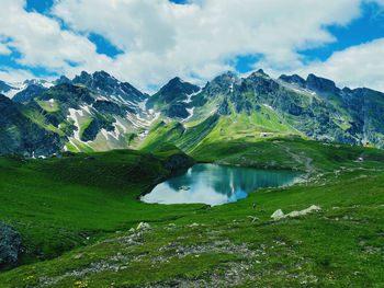 Scenic view of lake and mountains against sky