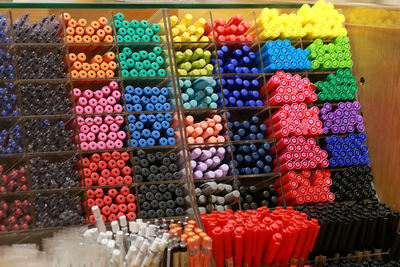 Close-up of multi colored pencils for sale