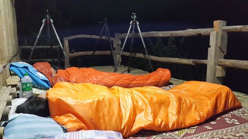 Panoramic view of meat on bed