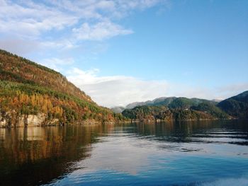 Scenic view of lake by trees against sky