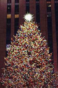 Illuminated christmas tree against building at night