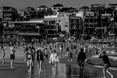 High angle view of people in city