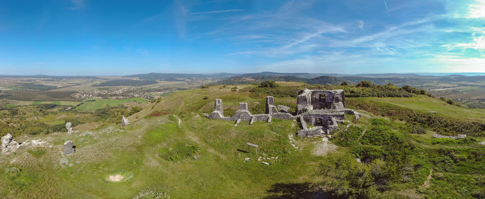 Aerial picture from a ancient castle from hungary on the volcano hill csobanc, near lake balaton