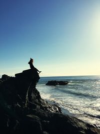 Silhouette person on rock by sea against clear sky