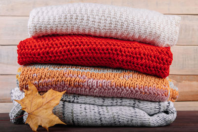 Close-up of multi colored towels on table