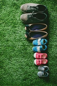 High angle view of multi colored pencils on grass