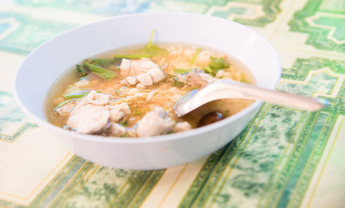 Close-up of soup in bowl on table