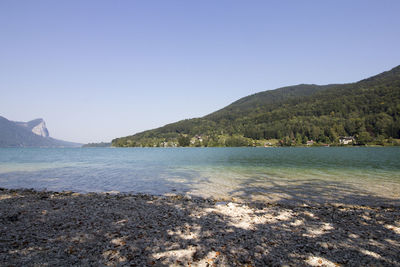 Scenic view of sea against clear blue sky