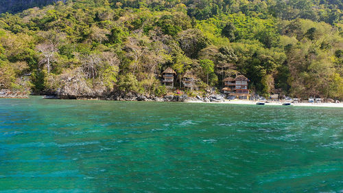 Scenic view of sea against trees