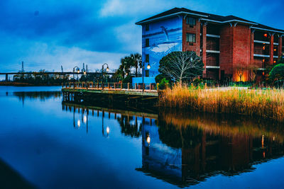 Scenic view of lake by building against sky