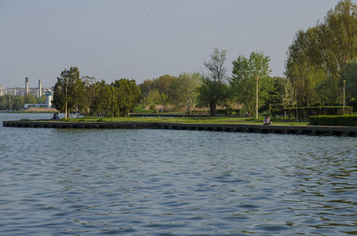 Scenic view of lake against clear sky