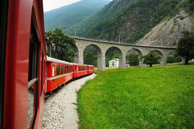 Train passing through arch bridge