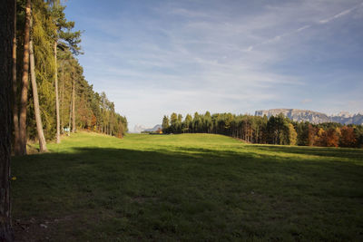 Scenic view of golf course against sky