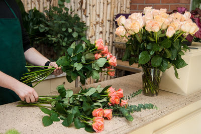 Midsection of person holding flowers on potted plant