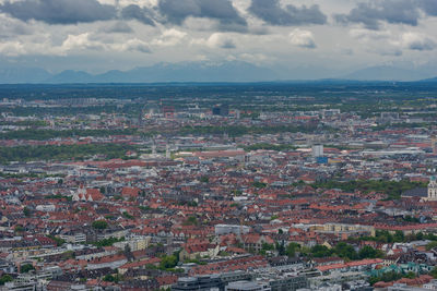 High angle shot of townscape against sky