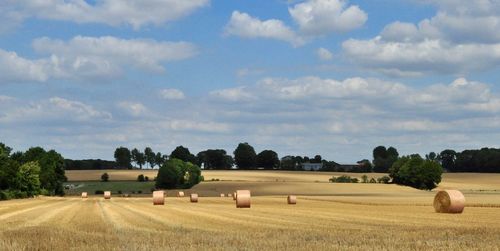 Hay bales on field against sky