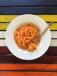 Directly above shot of noodles in bowl on table