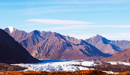 Scenic view of snow capped mountains against sky