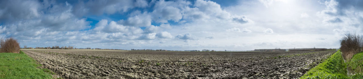 Panoramic view of agricultural field against sky