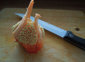 High angle view of bread on cutting board