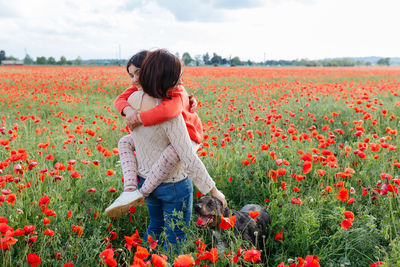 Standing in the field of poppies mother holding a daughter in arms with the dog next to them