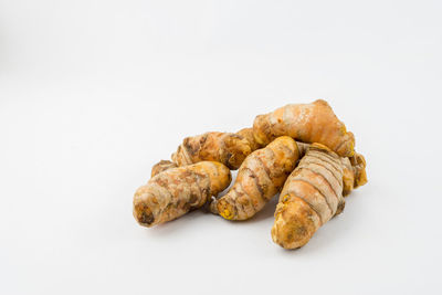 High angle view of meat on white background