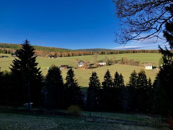 Scenic view of field against clear blue sky