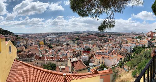 High angle shot of townscape against sky