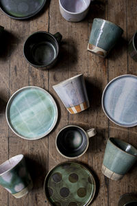 High angle view of paintbrushes on table