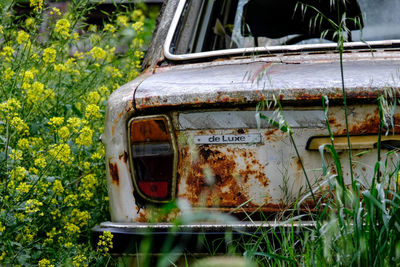 Abandoned car on field