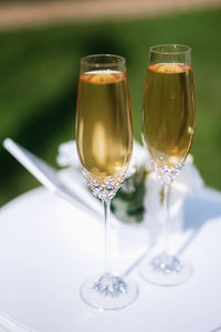 Close-up of wineglass on table