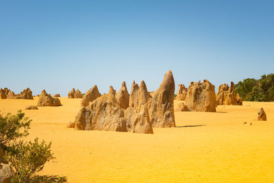 Panoramic view of arid landscape against clear sky