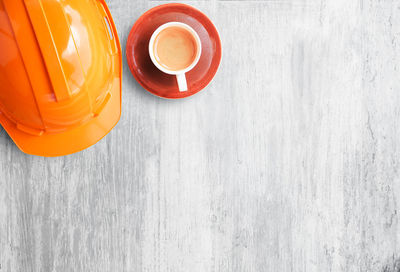 High angle view of coffee cup on table