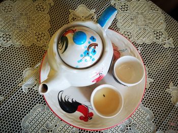 High angle view of tea cup on table