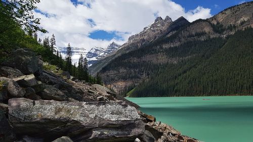 Scenic view of lake and mountains against sky