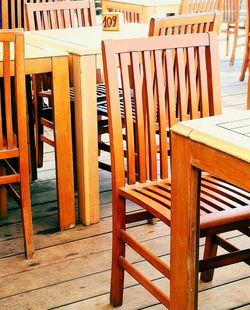 Close-up of chairs and table in cafe