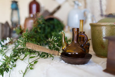 Close-up of vintage elements on table at home