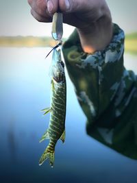 Close-up of hand holding fish against lake