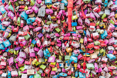 Full frame shot of colorful love locks