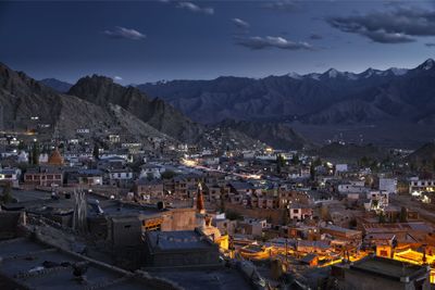 High angle shot of townscape against sky