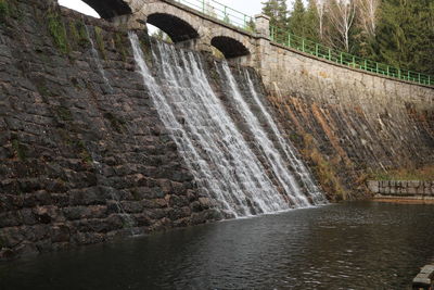 Scenic view of waterfall by wall