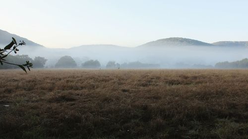 Scenic view of mountains in foggy weather