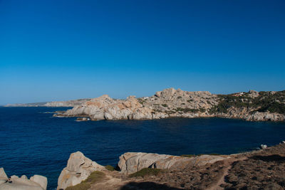 Scenic view of sea against clear blue sky