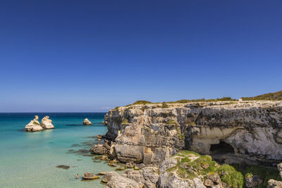 Scenic view of sea against clear blue sky