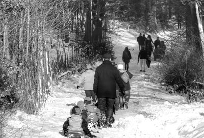 Rear view of people walking in forest during winter