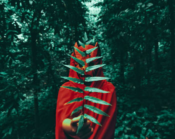 Close-up of hand holding red christmas tree in forest